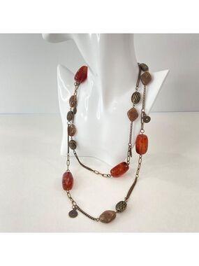 Vintage-Inspired Long Necklace With Red & Brown Beads Antique Bronze Chain Boho